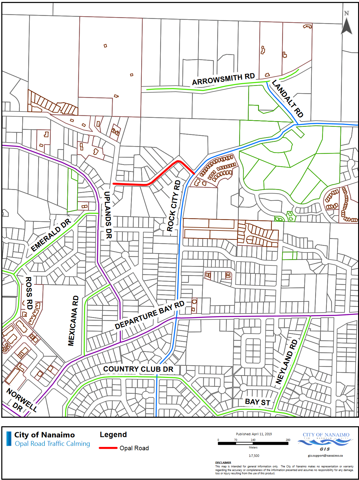 Map of the Opal Road area showing the location of the traffic diverter and the surrounding streets. (City of Nanaimo)