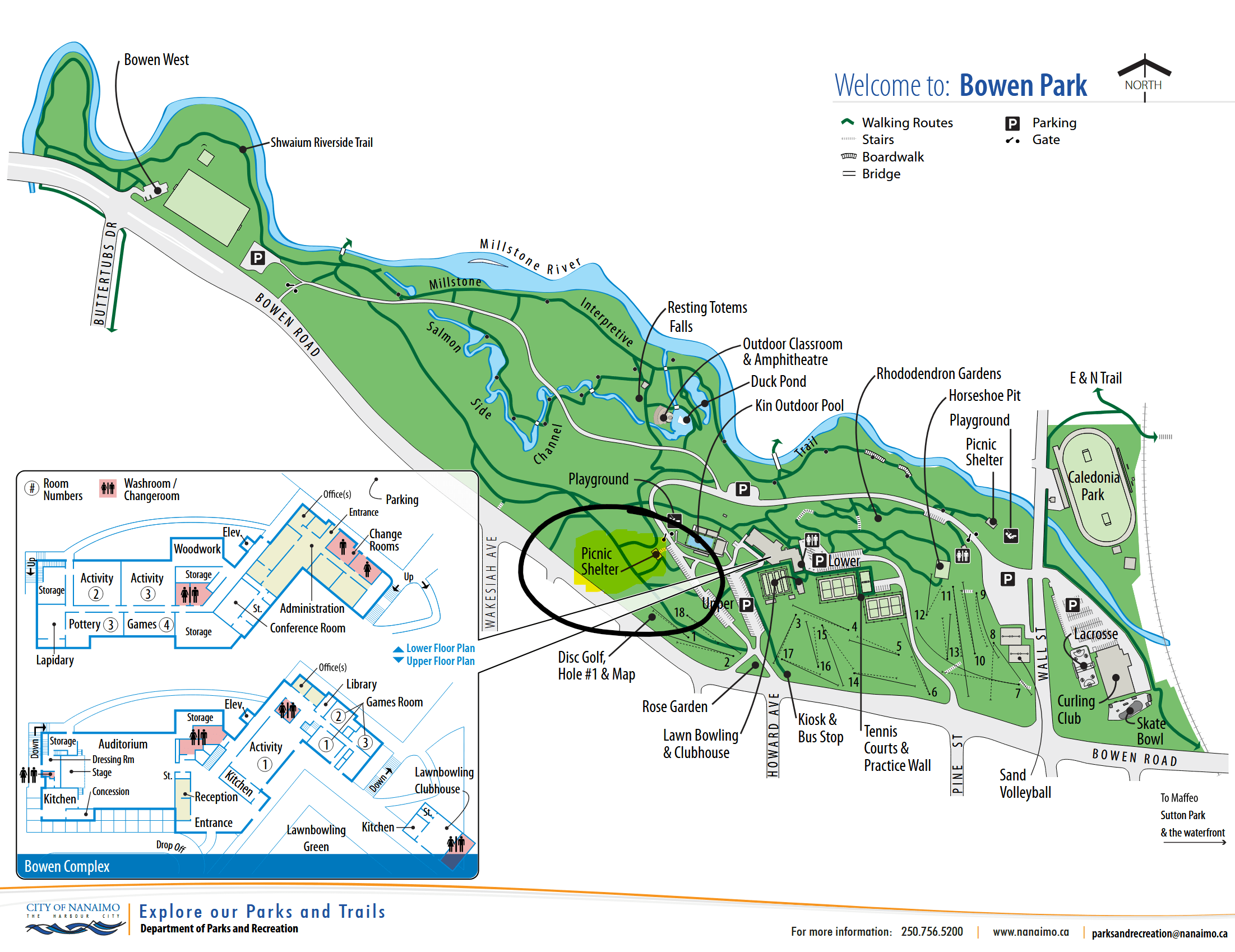 Map of Bowen Park with the Upper Picnic Shelter highlighted and circled.