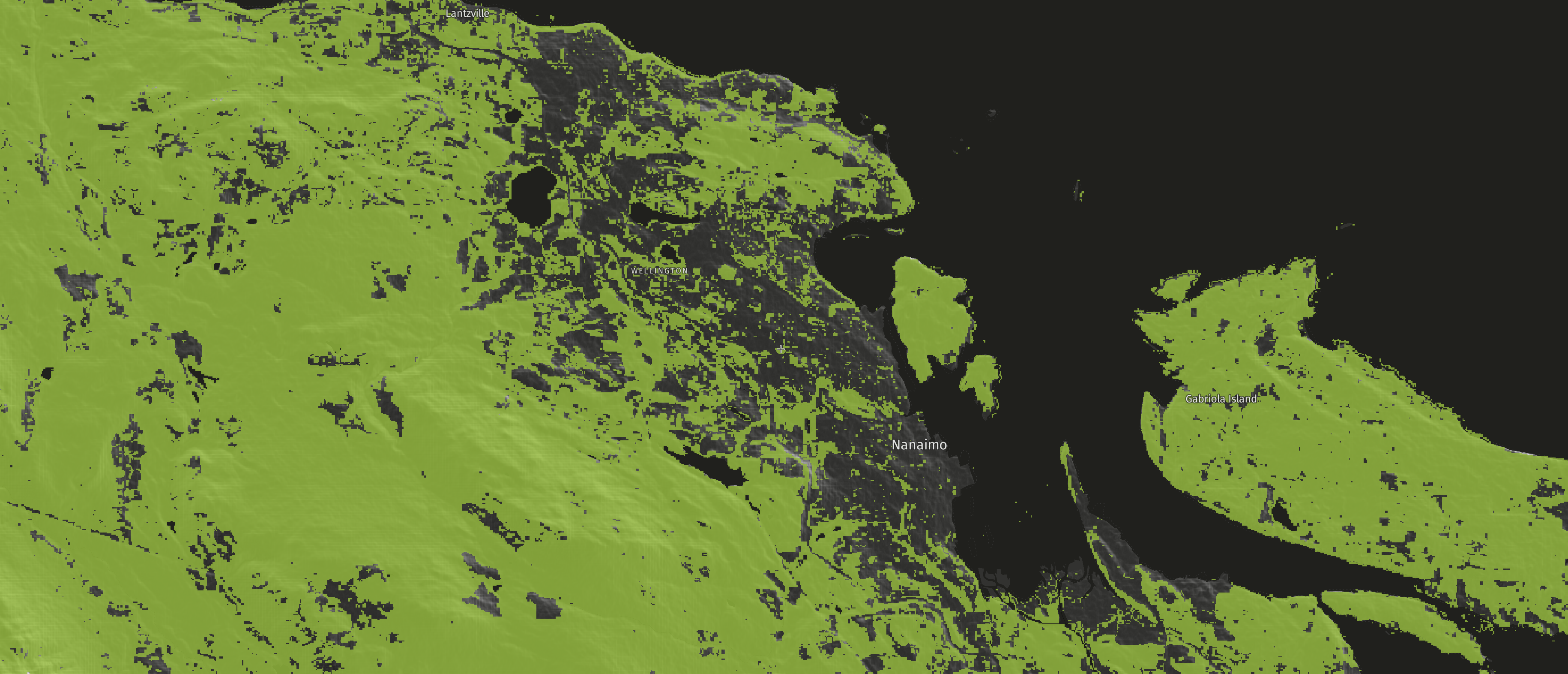 Map of urban tree cover in Nanaimo, where the green indicates tree canopy. (Global Forest Watch))