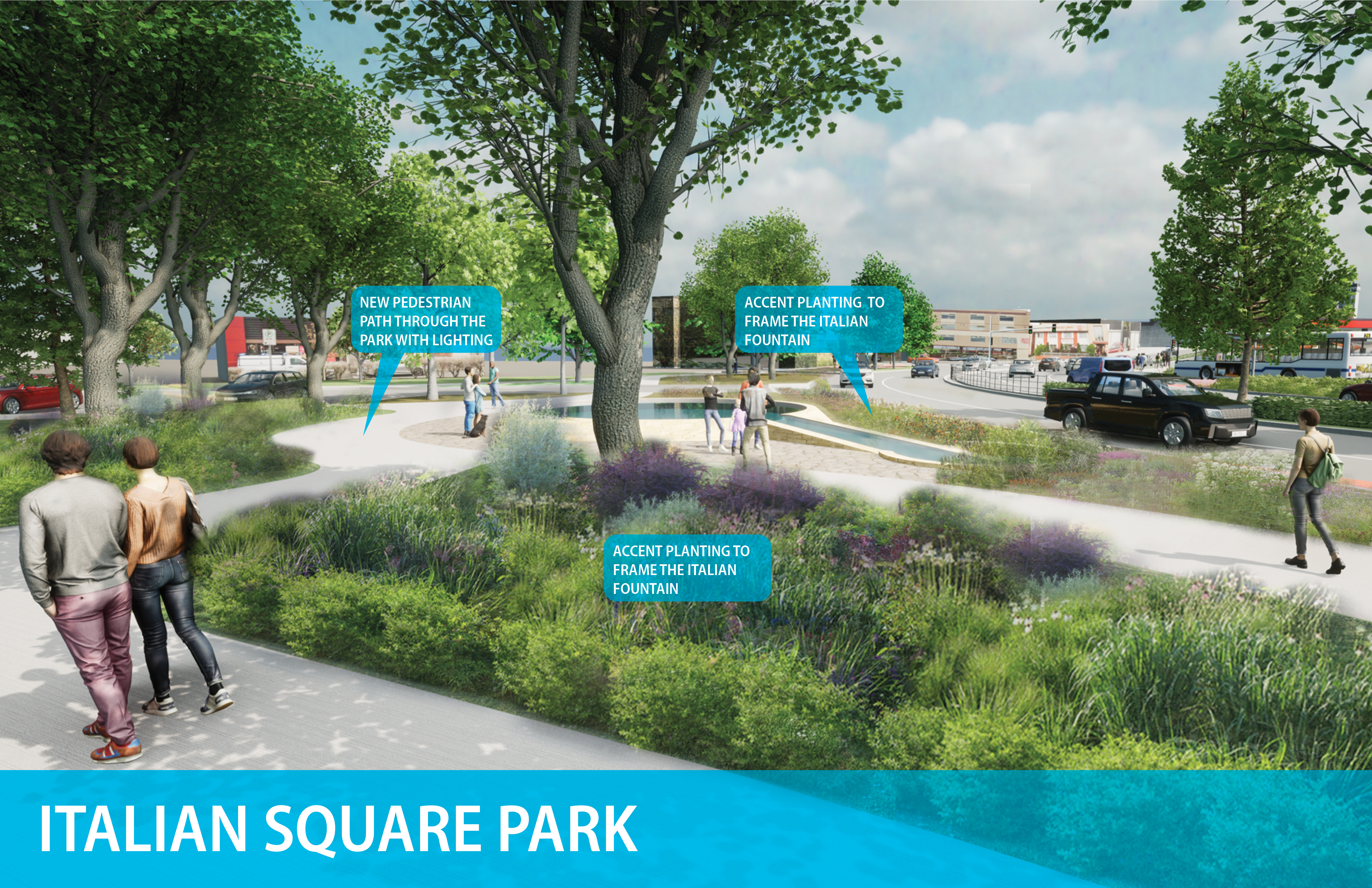 A Rendering Of Italian Square Park Downtown Featuring Improved Foliage And A Functional Fountain (City Of Nanaimo)