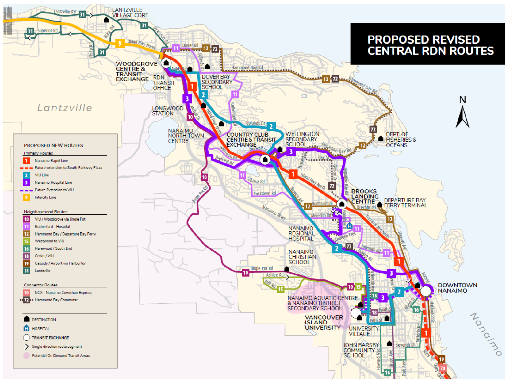 Map of proposed RDN transit expansion highlighting new route numberings, alignments, and destinations. Note the inclusion of the new Nanaimo Rapid Line #1 that connects Woodgrove and Downtown. (Regional District of Nanaimo)